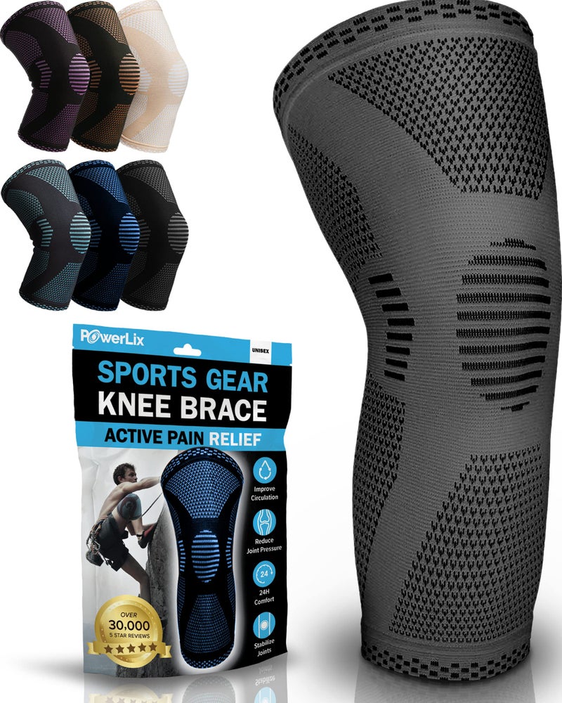 POWERLIX Knee Compression Sleeve Best Knee Brace for Knee Pain for Men Women Knee Support for Running Basketball Volleyball Weightlifting Gym Workout Sports Gray M